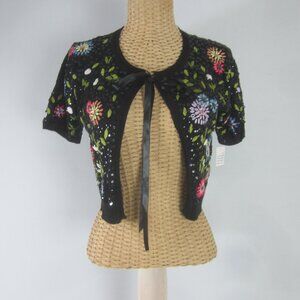 New Deane Womens S Black SS Silk Cotton Embroidered Sequin Crop Cardigan Sweater